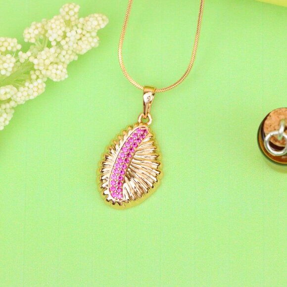 "Rose Gold Textured Pendant with Pink Stone Accent in Leaf Design, XPPT1490 - Picture 4 of 13